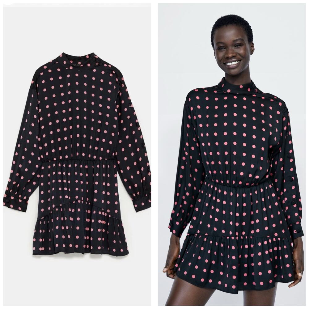 Zara Black Pink Polka Dot Long Sleeve Mini Dress Size XS Asymmetrical Button